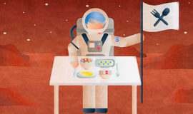 宇宙空間で人工的な食事を摂る人